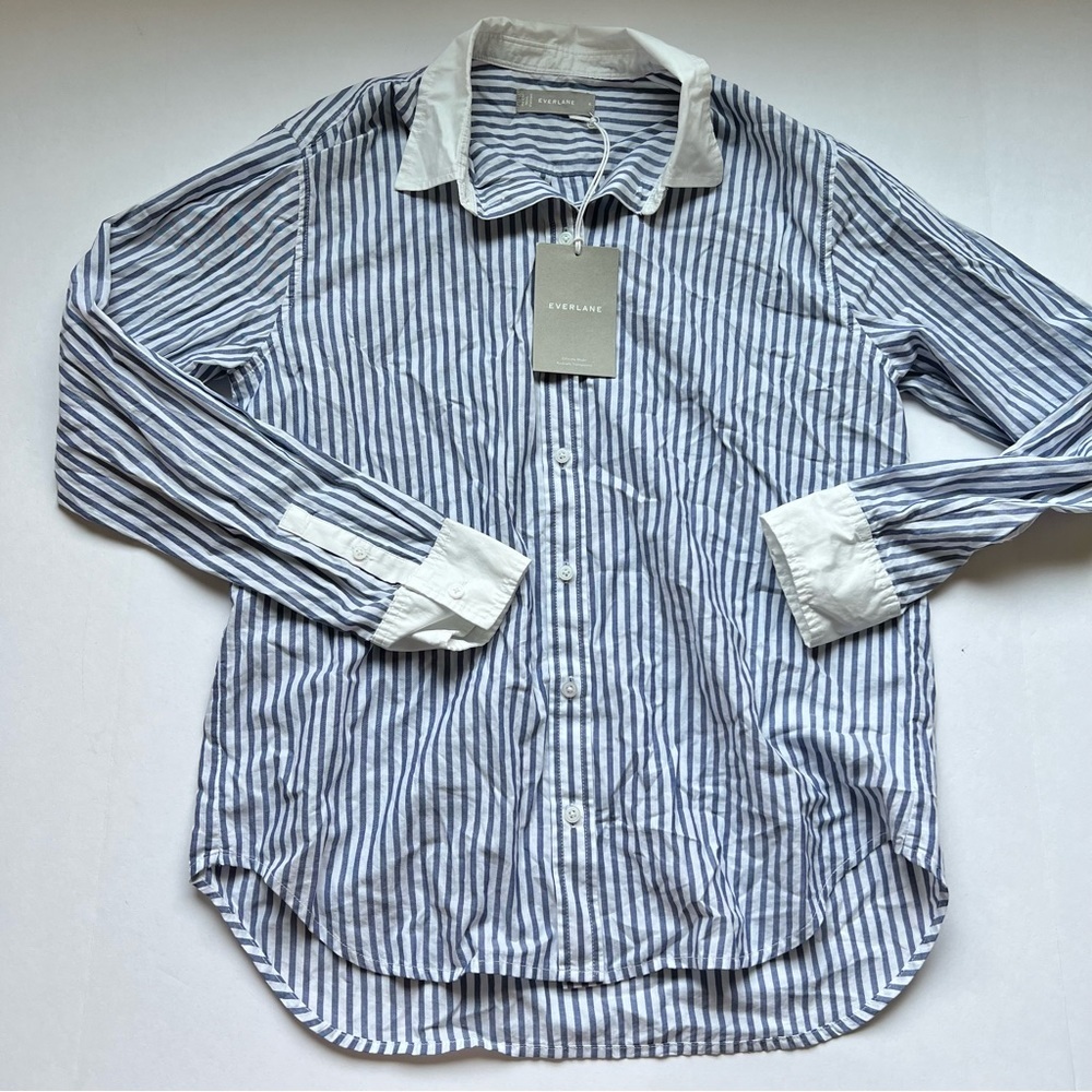 Everlane Blue White Stripe The Silky Cotton Relaxed Shirt Size 6 - no tags - Picture 3 of 7